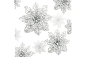 Wironlst 24 Pieces Glitter Poinsettia Flowers Christmas Tree Ornaments, Glitzy Poinsettia Bushes Christmas Decorations for Xmas/Holiday/Seasonal/Wedding (Silver)