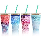 Patelai 4 Pieces Reusable Iced Coffee Sleeve Cup Insulator for Cold Drinks Beverages and Holder for Most Coffee(30-32 oz Large,Flower Style)