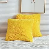 LIFEREVO 2 Pack Fluffy Faux Fur Pillow Shams,18 x 18 Inches Throw Pillow Covers,Luxury Decorative Furry Pillowcases Cushion Cover for Christmas,Zipper Closure,No Pillow Insert,Yellow