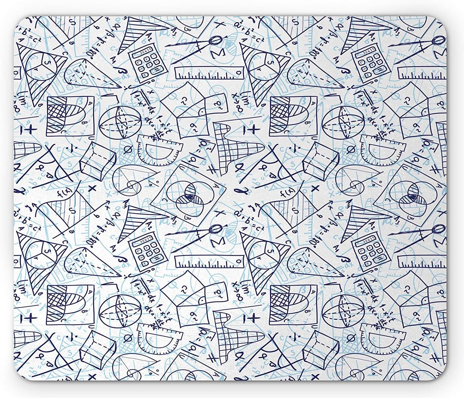 Mathematics Classroom Mouse Pad, Geometric Doodles Calculations Circles and Triangles, Standard Size Rectangle Non-Slip Rubber Mousepad, Dark Blue Baby Blue White,9.8 x 11.8 x 0.118 Inches