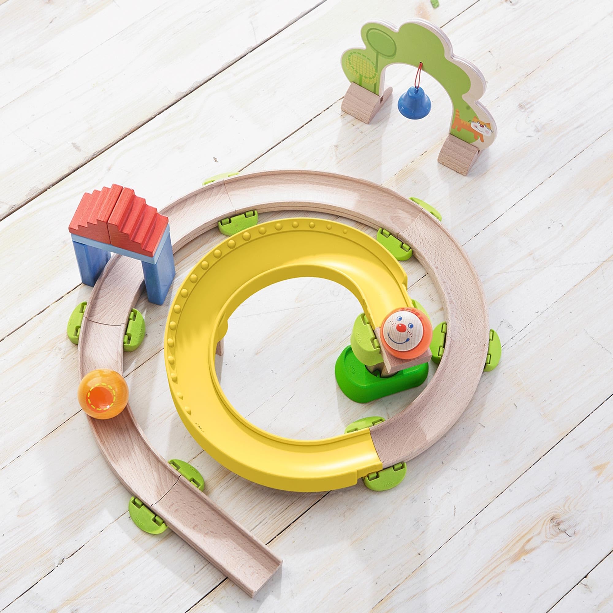 HABA Kullerbu Spiral Track - 26 Piece Wood & Plastic Ball Track Set with Crazy Curves & Bell Age 2+
