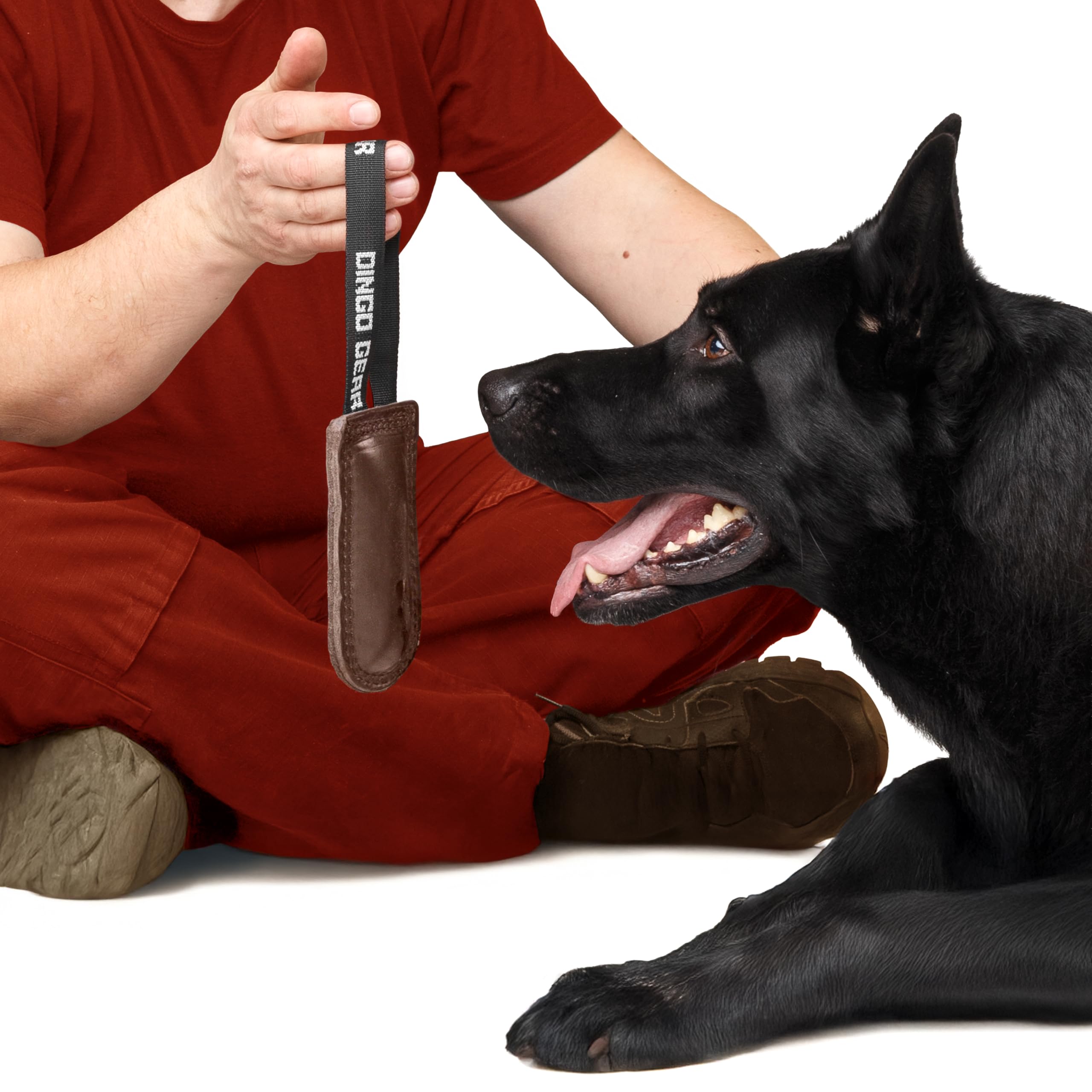 DINGO GEAR Dog Bite Tug Toy Hand Sewn Brown Grain Leather Strong Polypropylene Handle for Training K9 IGP Agility Play - 15 x 6 cm, Brown Chocolate (S00224)