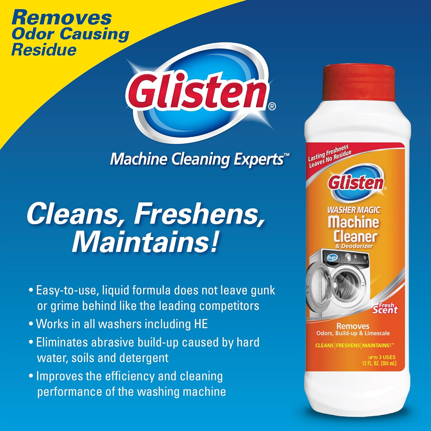 Glisten Washer Magic Machine Cleaner, Remove Odors and Buildup, Cleans Front Load & Top Load Washers, Safer Choice Winner, 12 Ounce: Industrial & Scientific