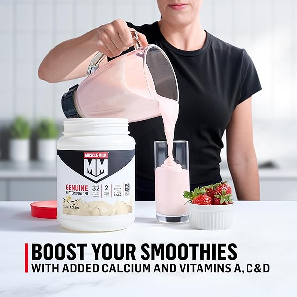 MUSCLE MILK GENUINE PROTEIN POWDER, STRAWBERRIES ‘N CRÈME, 1.93 POUNDS, 13 SERVINGS, 32G PROTEIN, 3G SUGAR, CALCIUM, VITAMINS A, C & D, NSF CERTIFIED FOR SPORT, ENERGIZING SNACK, PACKAGING MAY VARY