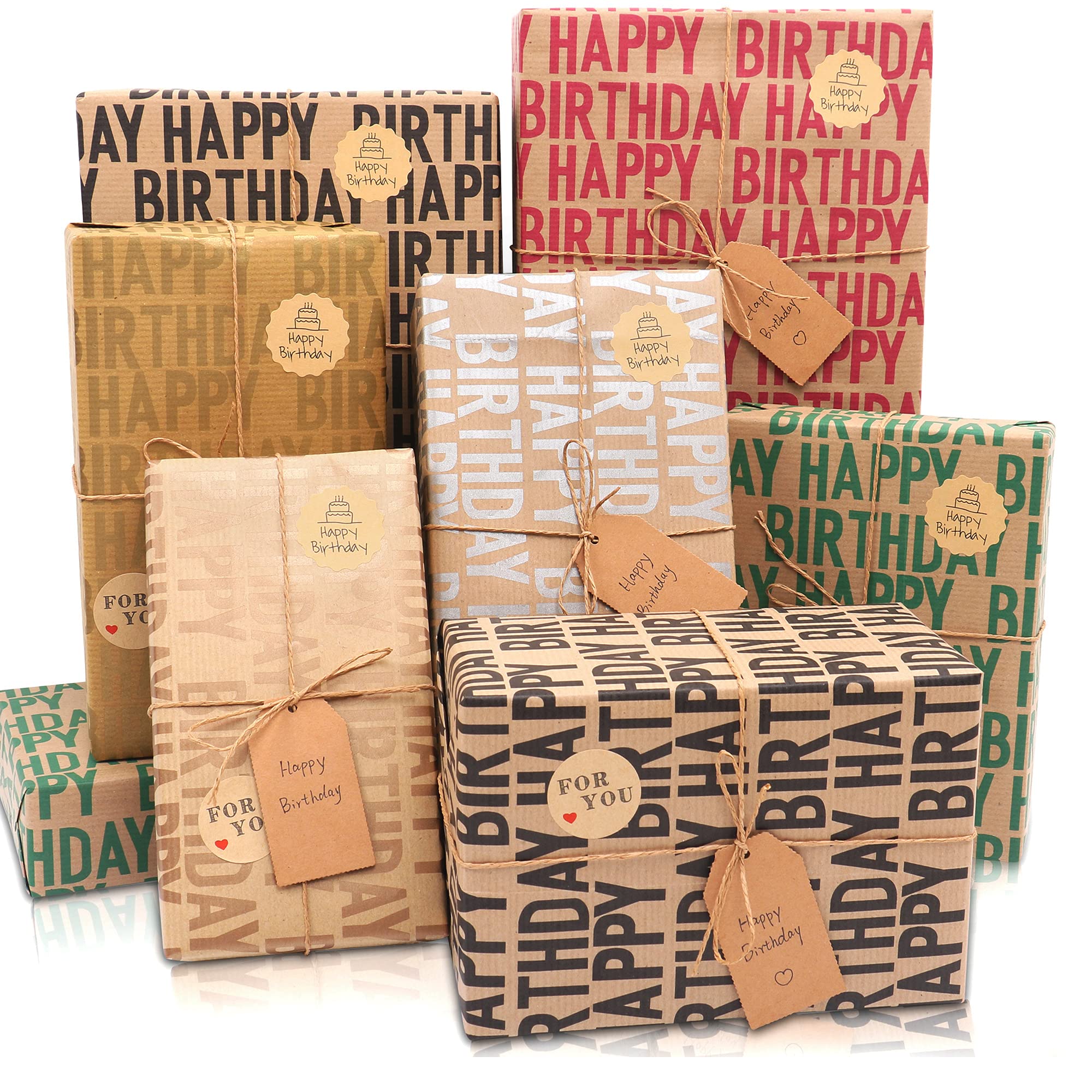 Colorful Birthday Wrapping Paper, 12 Sheets Recyclable Kraft Happy Birthday Gift Wrap Set for Wen Women, Brown Gift Wrapping Paper Bulk Sheets for Baby Shower Party Gift Decorations, 50x70cm
