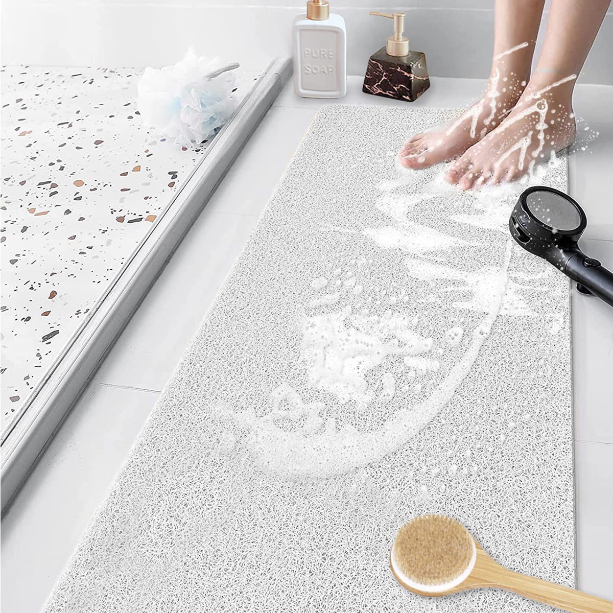 Non-Slip Shower Mat, Soft Comfort Safety Bath Mat with Drainage Holes, PVC Loofah Massage Shower Mats for Wet Areas, Quick Drying (White, 40 x 80 cm)