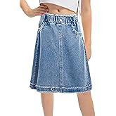 Adigau Girl’s Denim Skirt Casual Midi Knee Length Skirts with Pockets Elastic High Waist A Line Jean Skirt 5-14 Years