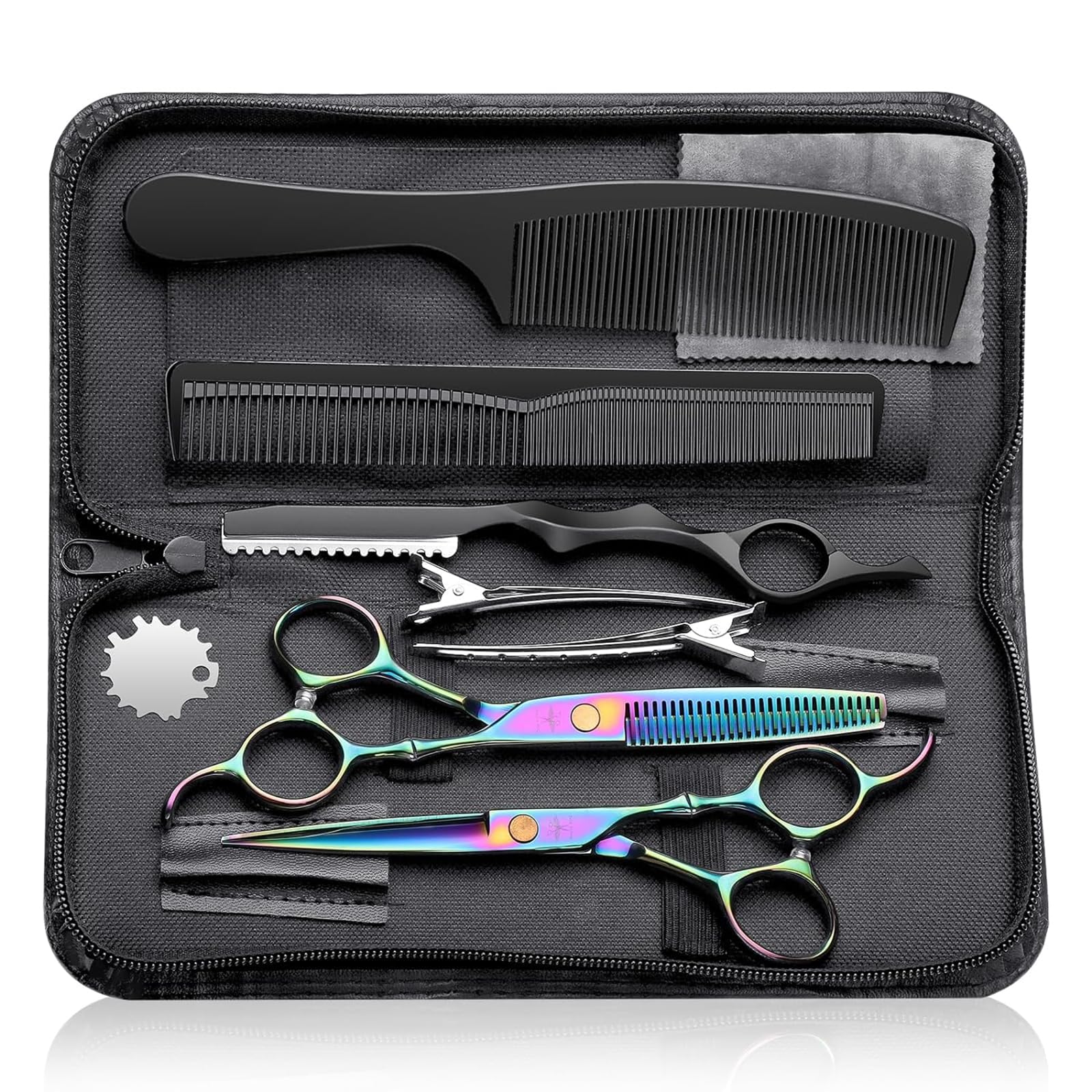 Purple Bird Hair Cutting Kit, Professional Barber Shears Set with Stainless Steel Cutting & Thinning Shears for Men Women Pet 10 Pcs Rainbow