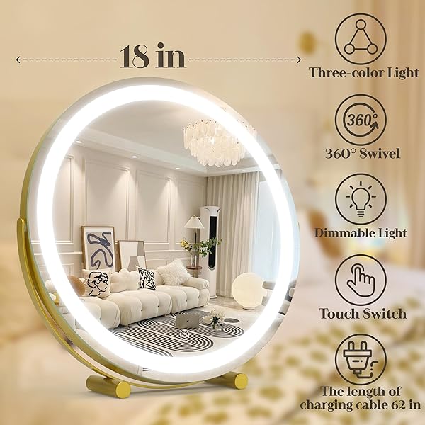 ROLOVE GOLD VANITY MIRROR, 18 INCH LIGHTED MAKEUP MIRROR WITH SMART TOUCH 3 COLORS DIMMABLE, TABLETOP, 360 ROTATION