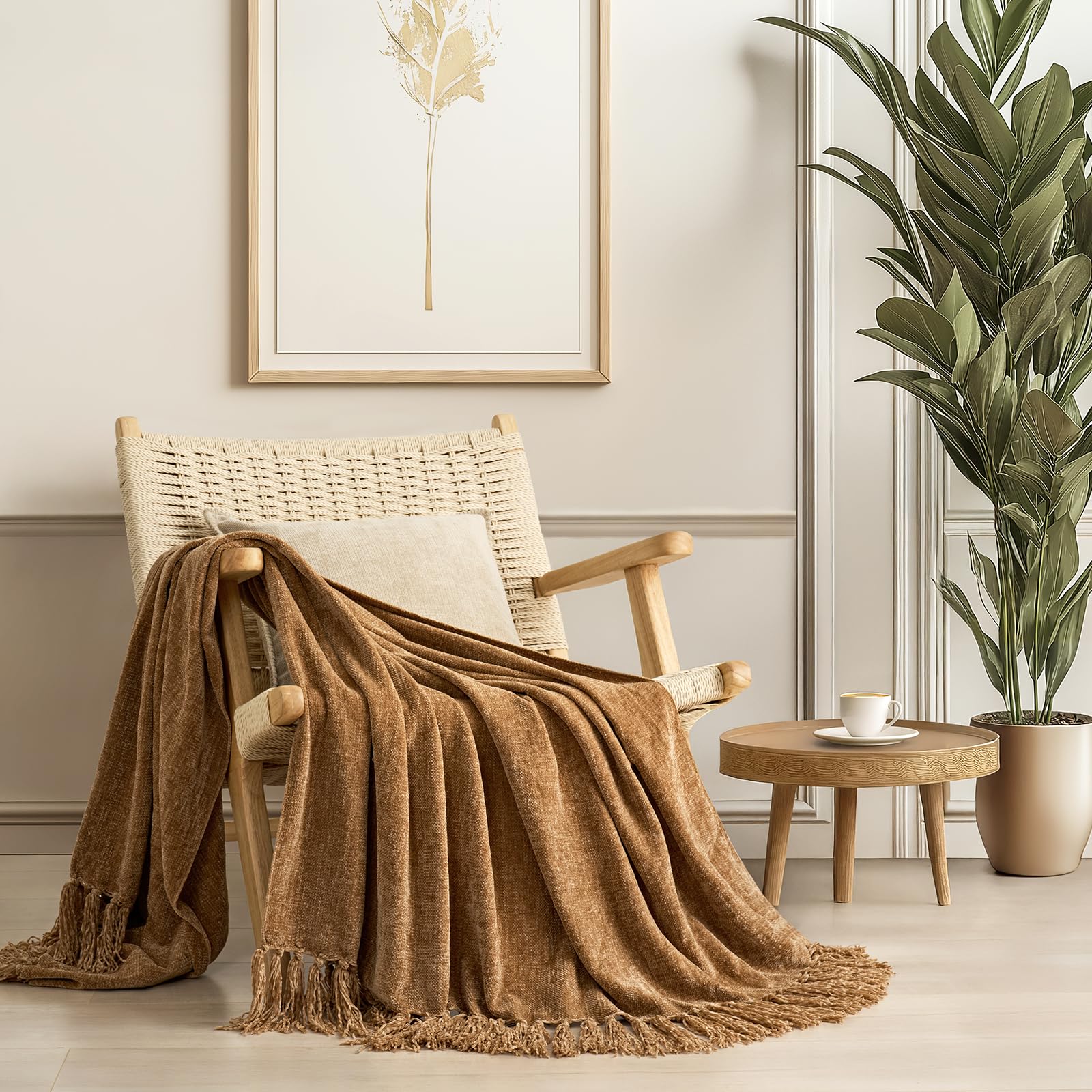 Photo 1 of EVERGRACE Soft Chenille Throw Blanket for Couch, Cozy Plush Fuzzy Decorative Chenille Knit Throw Blanket with Tassels, Lightweight Blanket and Throws for Bed Sofa Gift Home Decor, Khaki 50"x60"
