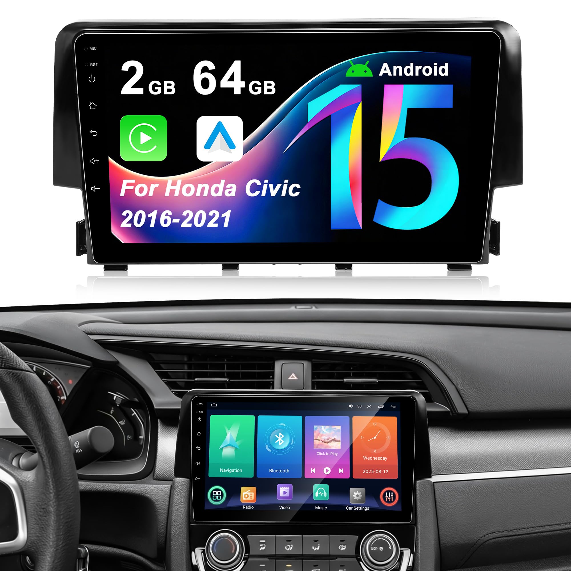 Photo 1 of Car Radio Stereo for Honda Civic 2016-2021: Upgrade Android 15 64GB 9" 1280 * 720 Touchscreen Head Unit - Wireless CarPlay & Android Auto Bluetooth WiFi GPS MirrorLink FM 36EQ SWC 1080P Backup Camera