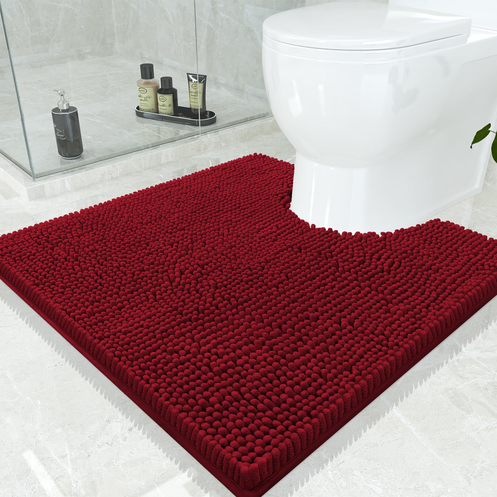 Photo 1 of Smiry Luxury Chenille Toilet Rugs U-Shaped 24x24, Soft Absorbent Non-Slip Contour Bathroom Rugs for Toilet, Machine Washable Contoured Bath Mats, Burgundy