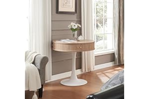 XAWXAW 31.5" Round Fluted Pedestal Table for 2-4, Oak Circle Kitchen Dinner Table with Hidden Storage, 31''H Small Tulip Breakfast Desk with Sliding Doors, Metal Base for Kitchen, Cafe, Patio, Courtyard