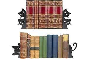 Peeping Cat Metal Bookends Set of 4, Cute Book Ends for Shelves Decorative, Black Cat Book Stopper for Heavy Books, Home Offi