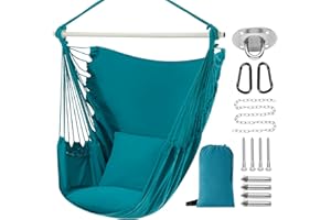 PNAEUT Hammock Chair XXL Size, Hanging Chair, Swing Chair, Max 550 Lbs, Patented Headrest, 2 Cushions, Large Size with Pocket, Steel Spreader Bar, Hardware Kits and Bag for Indoor Outdoor (Aqua)