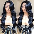 BrownBomb Bombshell Body Wave Wig, Synthetic Lace Front Wig Pre Plucked Glueless Ready to Wear, 13X5X1 Side Part HD Lace Wigs for Women 24inch, 1B Jet Black Wig Human Hair Luster
