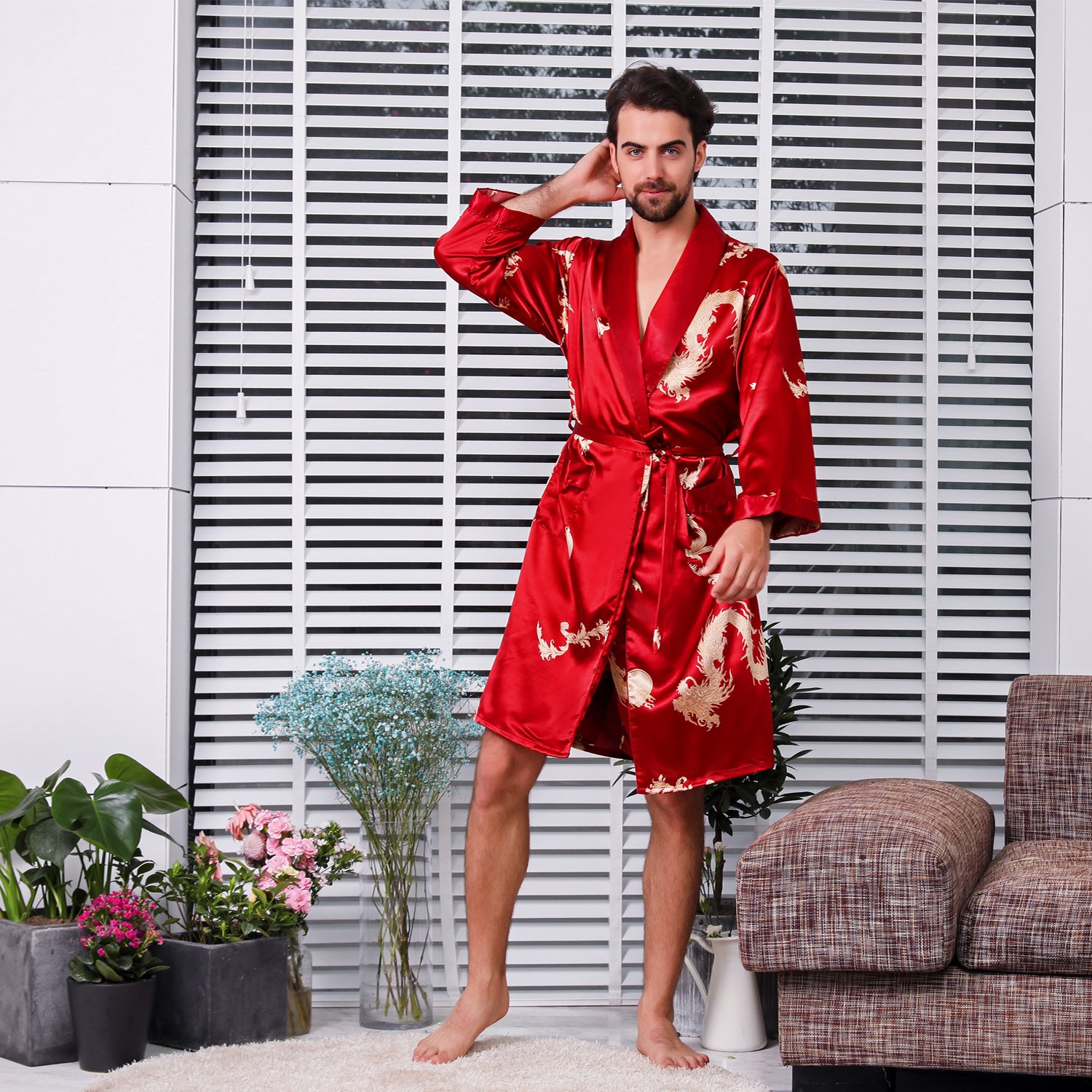 BridalAffair Mens Satin Robe Silk Long 