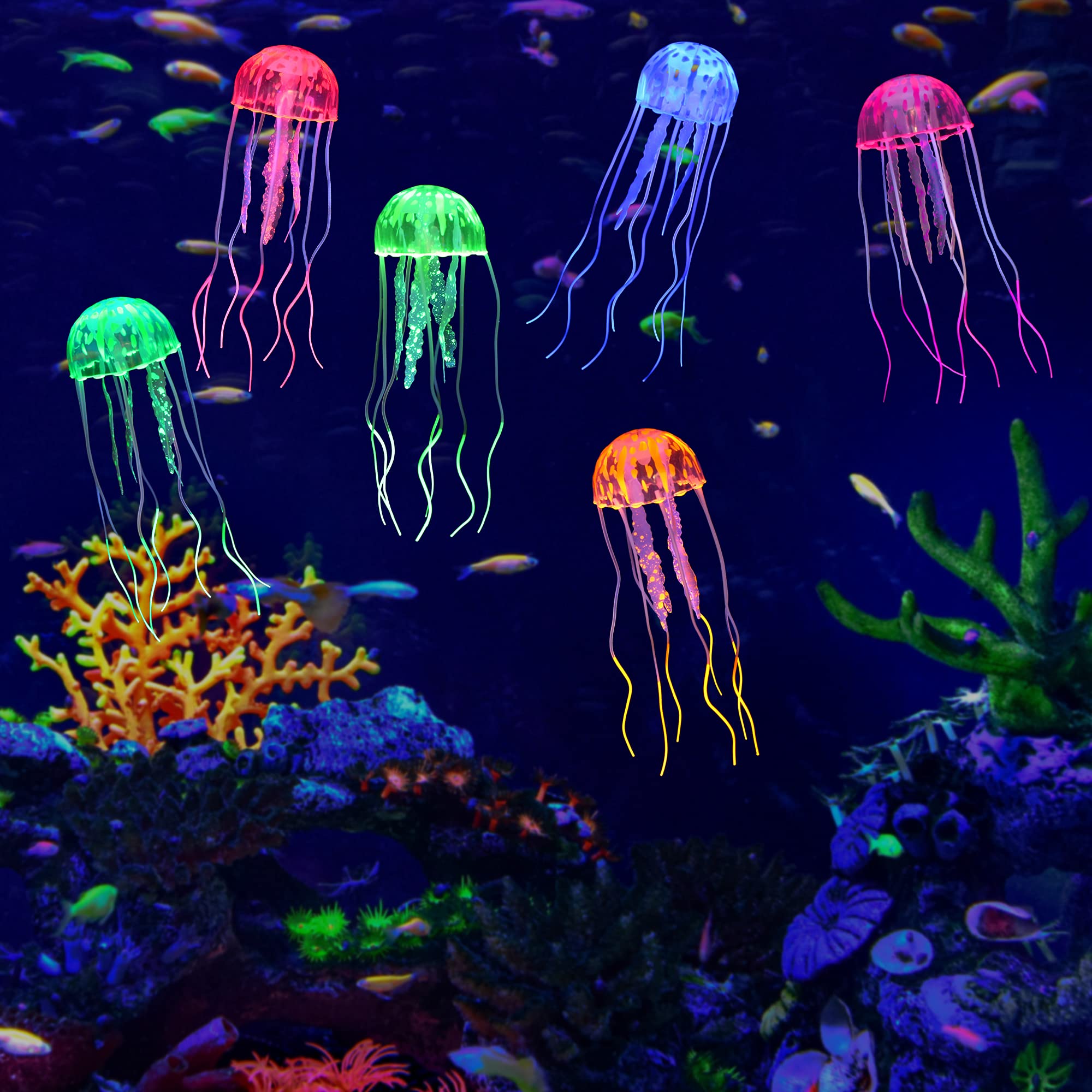 Photo 1 of Lpraer 6 Pack Glow Jellyfish Floating Fish Tank Decorations Glowing Effect Silicone Simulation Jellyfish Ornament Aquarium Decorations (6 Colors)