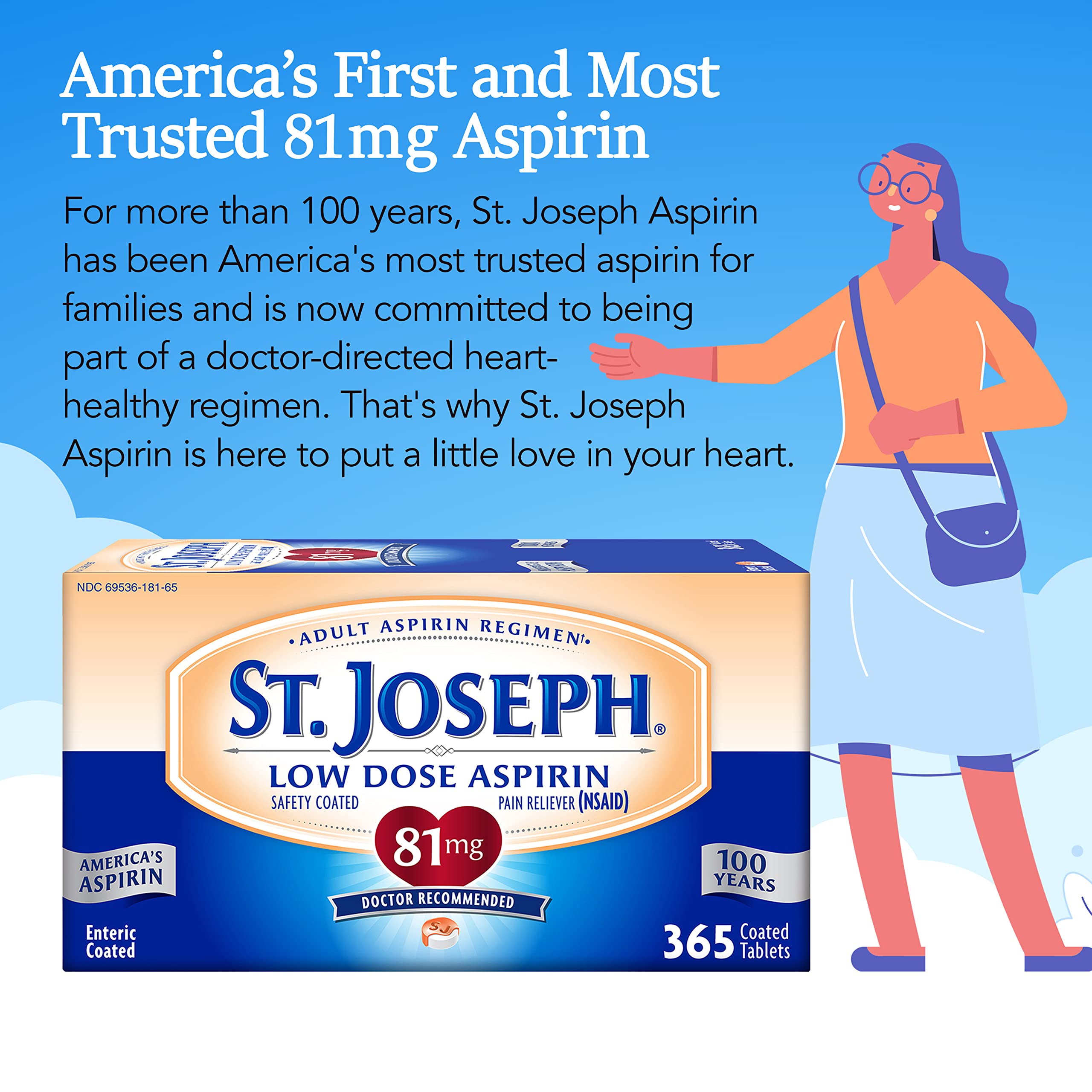 St. Joseph Aspirin Pain Reliever (NSAID) 81mg, Enteric Safety Coated, Adult Low Dose Aspirin, 365 ct (1 Year Supply, Packaging May Vary)
