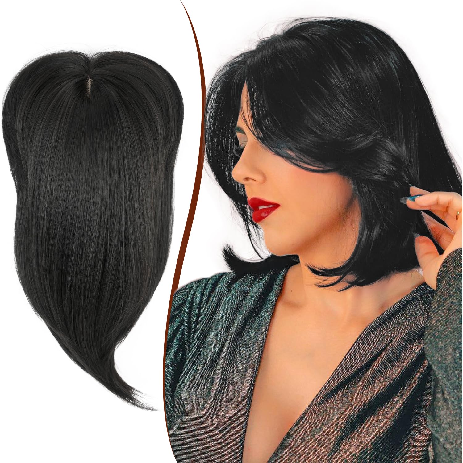 Allyreetress Short Hair Topper with Bangs,12 Inch Hair Topper Layered Synthetic Hair Toppers for Women with Thinning Hair Fiber Wiglets Ladies Hair Pieces for Women(Black)