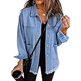 Choichic Denim Jacket for Women Jean Jacket Coat Frayed Hem Shacket Fall Outfits With Huge Pockets