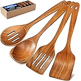 Wooden Spoons for Cooking, 4 Piece Natural Premium Teak Wooden Cooking Utensils Set, Heat Resistant Large Kitchen Wooden Spoons and Wooden Spatula for Nonstick Cookware Cooking Gifts