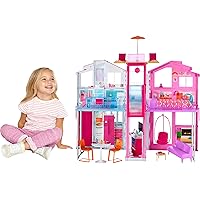 Barbie 3-Story Townhouse Dollhouse with Elevator, Swing Chair, Furniture and Accessories, Fold for Portability and Travel