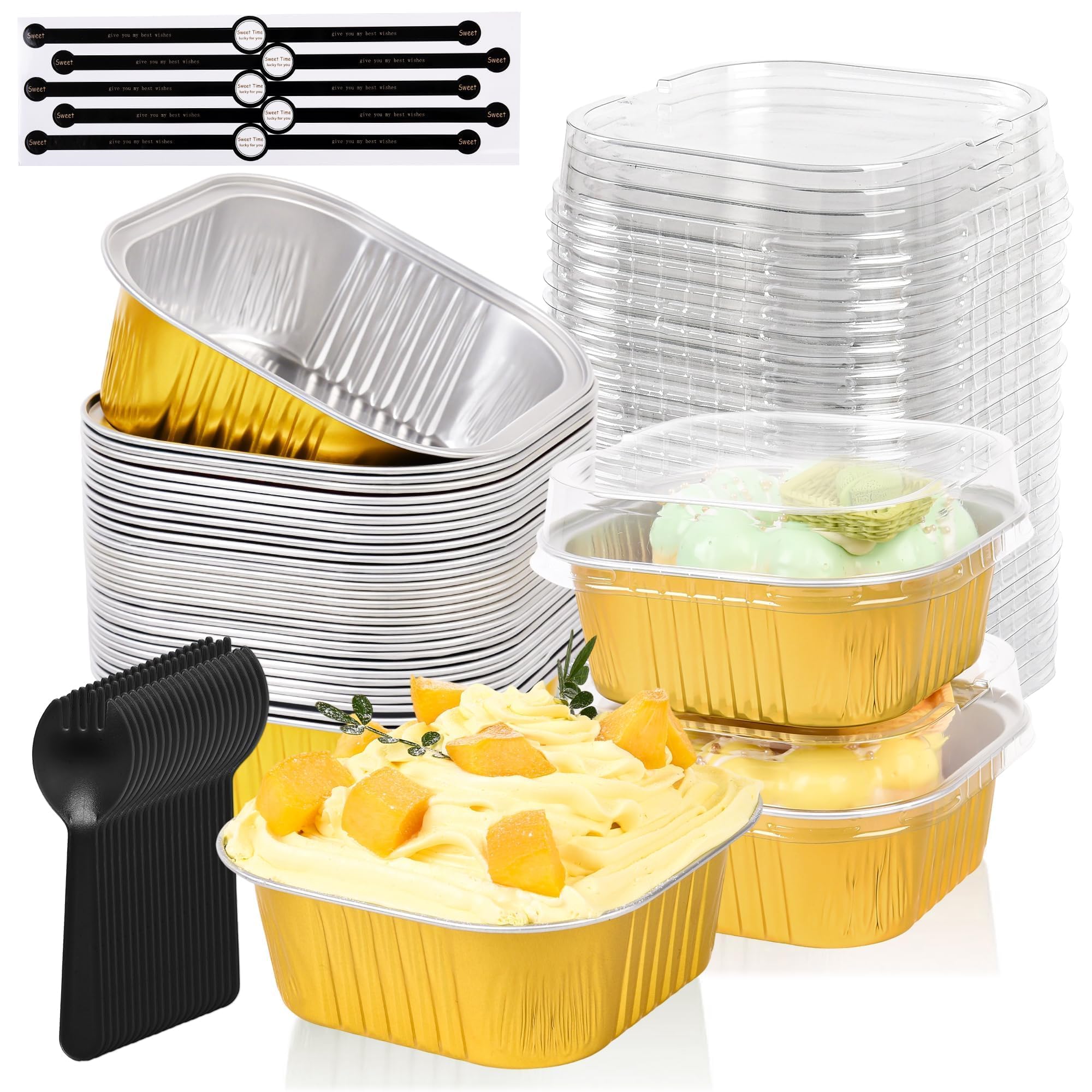 Photo 1 of 100 Pcs Mini Cake Pans with Lids, 5oz Square Aluminum Foil Brownie Baking Cups, Small Cake Tins with Lids, Disposable Ramekins, Mini Cake Containers For Wedding Birthday Party (Gold)