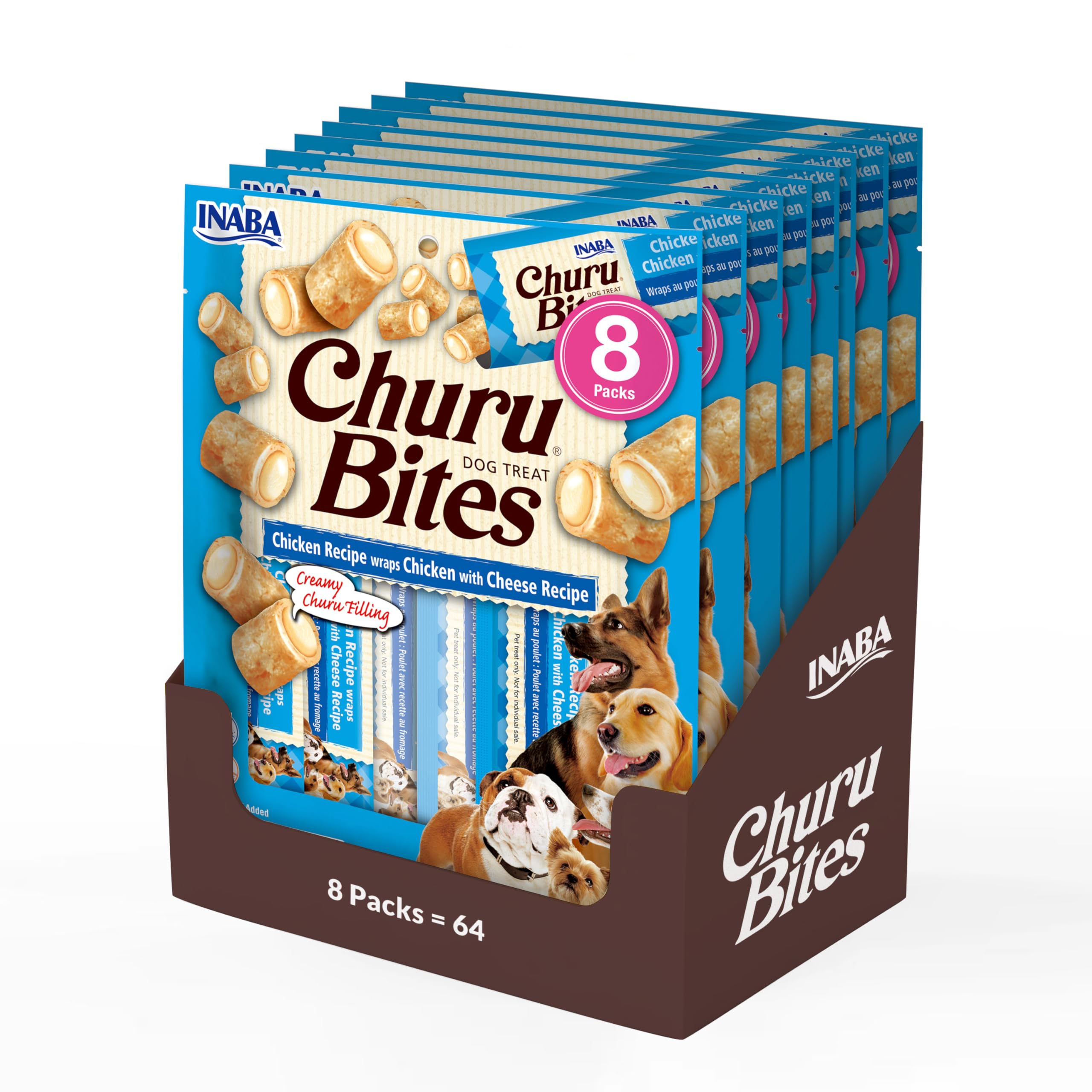Churu Bites by INABA Dog Treat - Chicken & Cheese Flavour 8 Pack (64 x 12g total) / Crispy Pouches with Creamy Filling, Delicious & Healthy Snack for Dogs, Training Treat, Natural, Grain Free