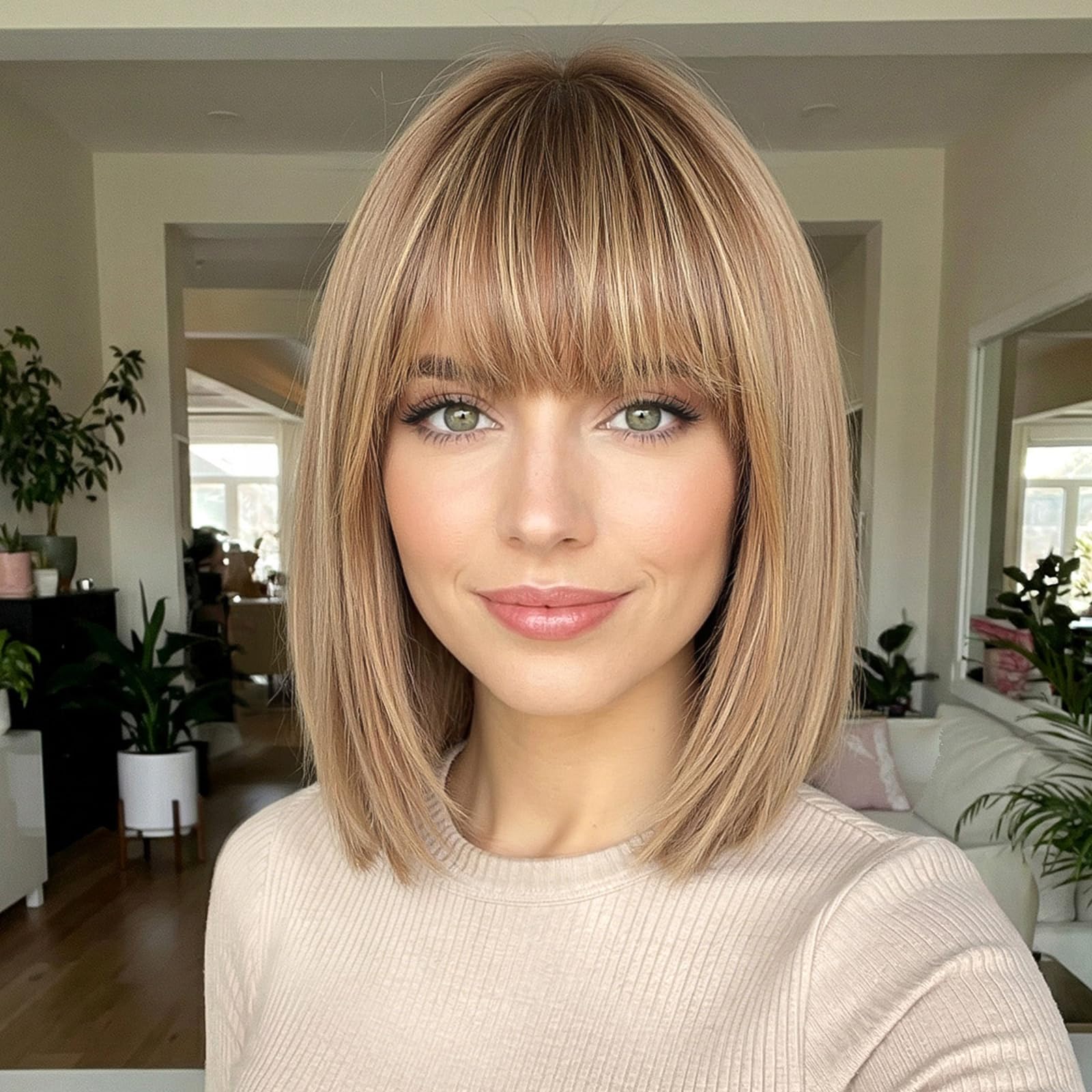 Photo 1 of ELLORS 12 Inch Ombre Ash Blonde Human Hair Wig, Bob Wig Human Hair, Human Hair Wig With Bangs, Real Hair Wigs For Women, real human hair wigs