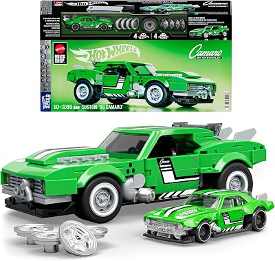 ​​Mattel Brick Shop Hot Wheels - Custom ’68 Camaro Serie Speed, set da costruire con 289 pezzi, dettagli realistici e adesivi per personalizzare l'auto, 10+ anni, JFT16