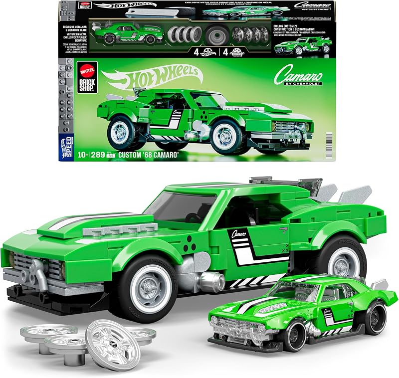 ​​Mattel Brick Shop Hot Wheels - Custom ’68 Camaro Serie Speed, set da costruire con 289 pezzi, dettagli realistici e adesivi per personalizzare l'auto, 10+ anni, JFT16