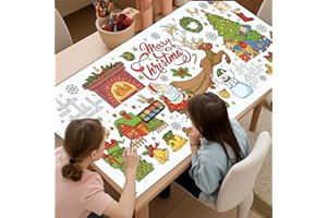 ZHARKOO Christmas Coloring Tablecloth 31×72 Inch, Large Table Cover with Santa Claus, Reindeer, Paper Drawing Poster with Christmas Tree, Snowflakes and Gift Designs, Holiday Kids Party Activity and Crafts