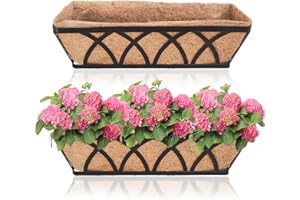 XXFBJNMD 2 Pack 24 Inch Window Box Deck Railing Planter with Coco Liner Fence Balcony Patio Long Window Flower Box Deck Railings Hanging Horse Trough Balcony Garden Rail for Outdoor Garden Fence Lawn