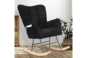 Candockway Rocking Chair Nursery with Pocket, Upholstered Glider Rocker with High Wide Backrest & Non-Slip Solid Wood Legs, Comfy Modern Armchair for Bedroom Living Room Offices(Grid, Black)