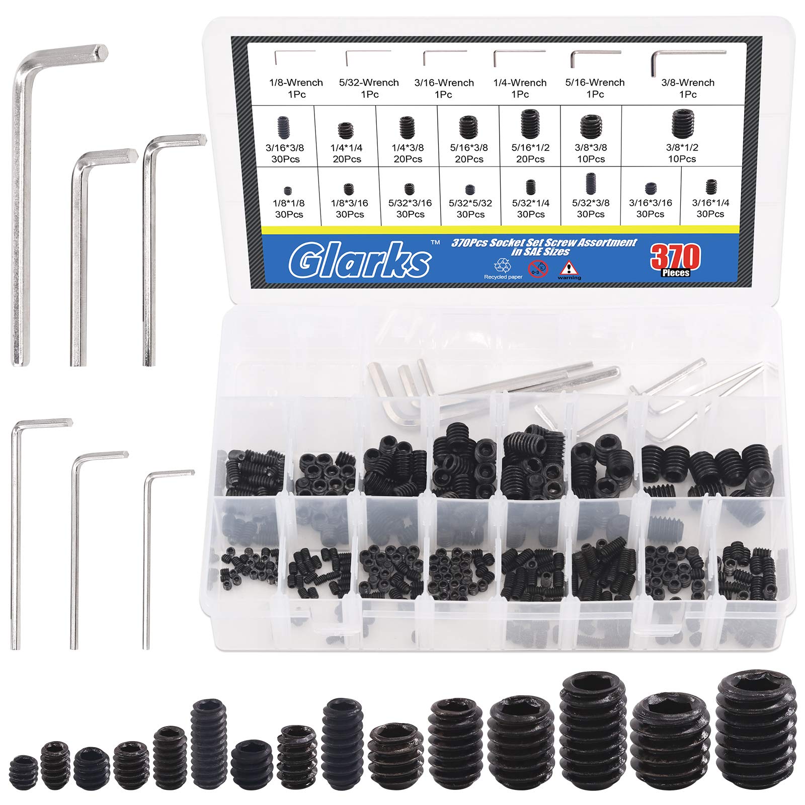 GLARKS G-1149 370Pcs 15 Size 3/8x1/2 inch-1/8x1/8 inch Internal Hex Allen Head Socket Set Screw, 12.9 Class Black Alloy Steel Hex Grub Screws Assortment Kit with 6Pcs Hex Wrenches โ image 1
