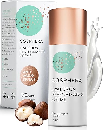 Cosphera - Hyaluron Performance Creme 50 ml - vegane Tages- und Nachtcreme hochdosiert für Gesicht, Hals, Dekolleté, Augen - Anti-Falten Feuchtigkeitsbehandlung für Frauen und Männer