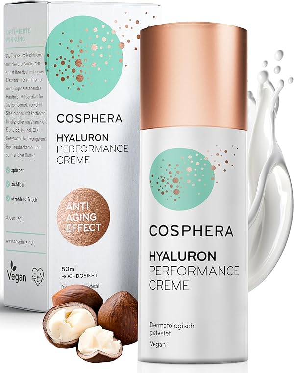 Cosphera - Hyaluron Performance Creme 50 ml - vegane Tages- und Nachtcreme hochdosiert für Gesicht, Hals, Dekolleté, Augen - Anti-Falten Feuchtigkeitsbehandlung für Frauen und Männer