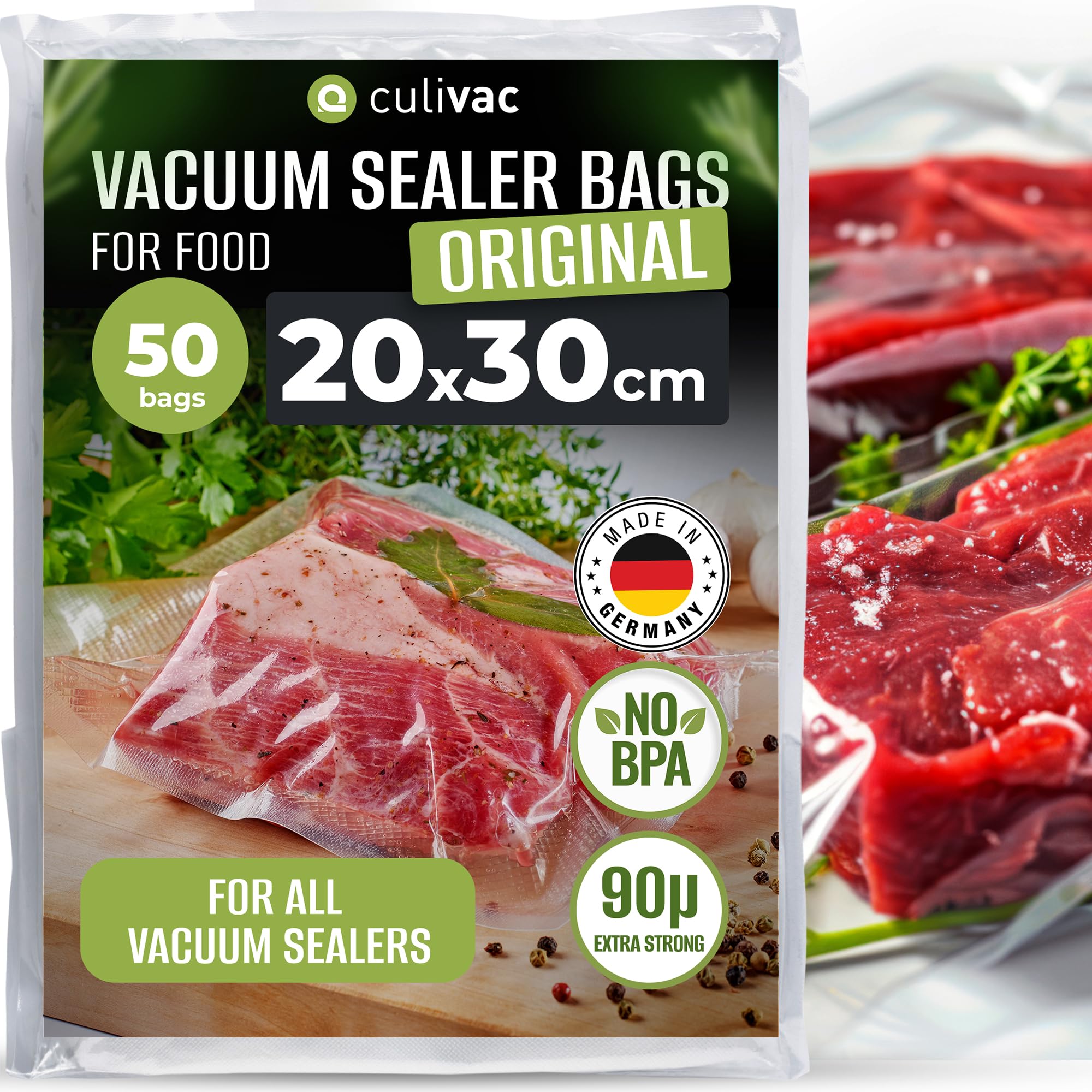 culivac Vacuum Bags – BPA-Free Heavy-Duty Embossed Foil – Made in Germany – Vacuum Sealer Bags for Food Storage and Sous Vide – Pre-Cut – 50 Pack – 20x30cm