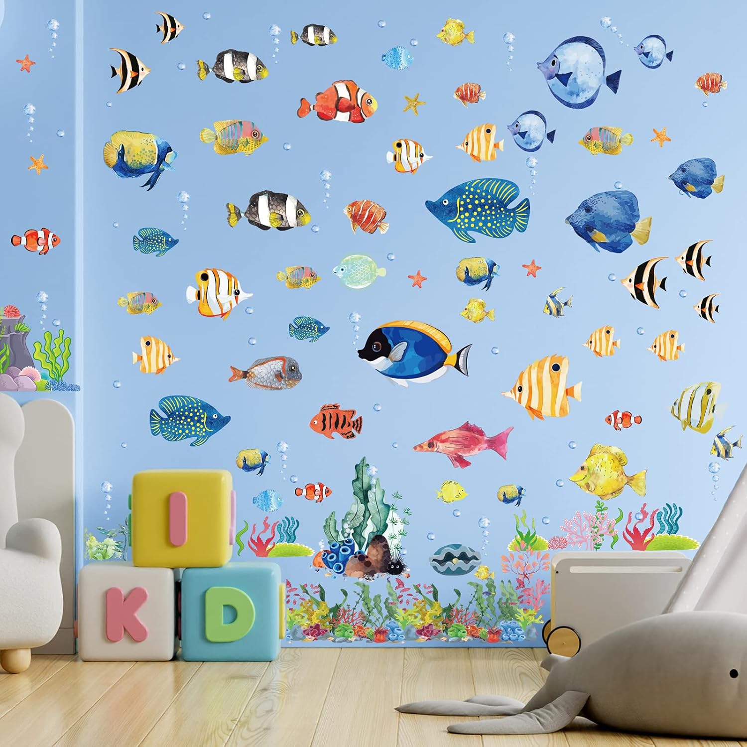 6 Sheets Under The Sea Fish Wall Sticker Watercolor Ocean Jellyfish Wall Decor Creature Seaweed Removable Peel and Stick Wall Decals for Kids Room Nursery Bedroom Playroom