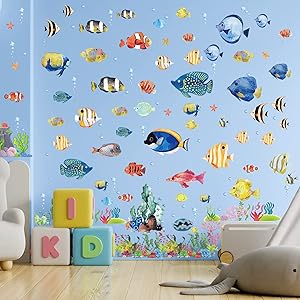 6 Sheets Under The Sea Fish Wall Sticker Watercolor Ocean Jellyfish Wall Decor Creature Seaweed Removable Peel and Stick Wall Decals for Kids Room Nursery Bedroom Playroom