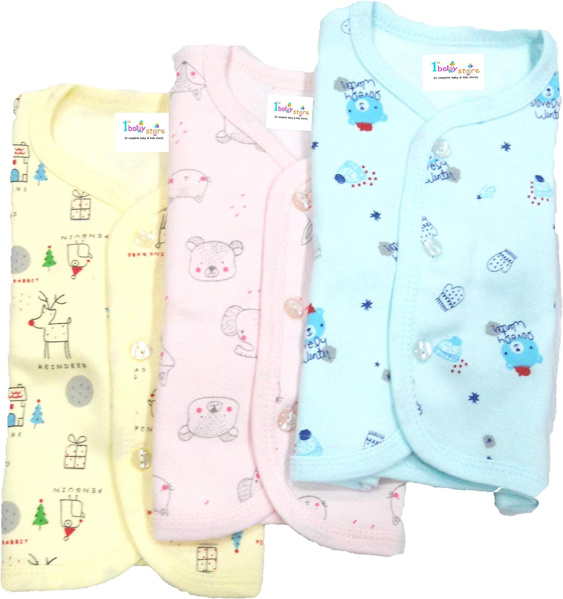 1stbabystore New Born Infant Full Sleeves Front Open Vest Housiry Warm Fleece Jhabla Baby Girls&Boys Unisex Top Skin Friendly Baby Teeshirts 100% Cotton Open Neck t-Shirt (3pc)(0-1mth)