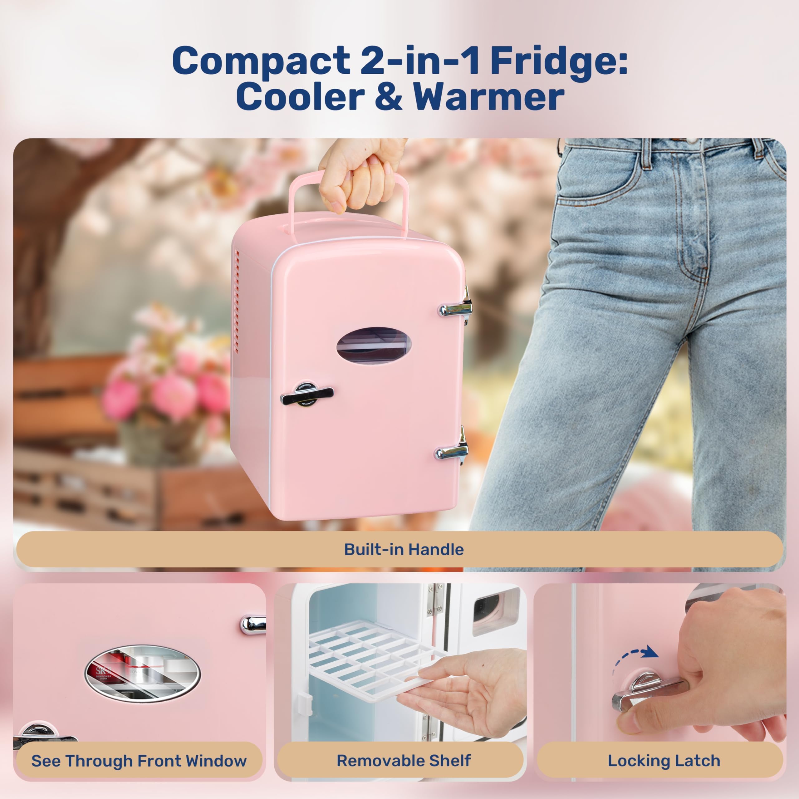 Simple Deluxe 4L 6 Can Mini Fridge with Observation Window, Portable Warmer & Cooler Compact Refrigerator, 100% Eco Friendly and Freon-Free, Pink.