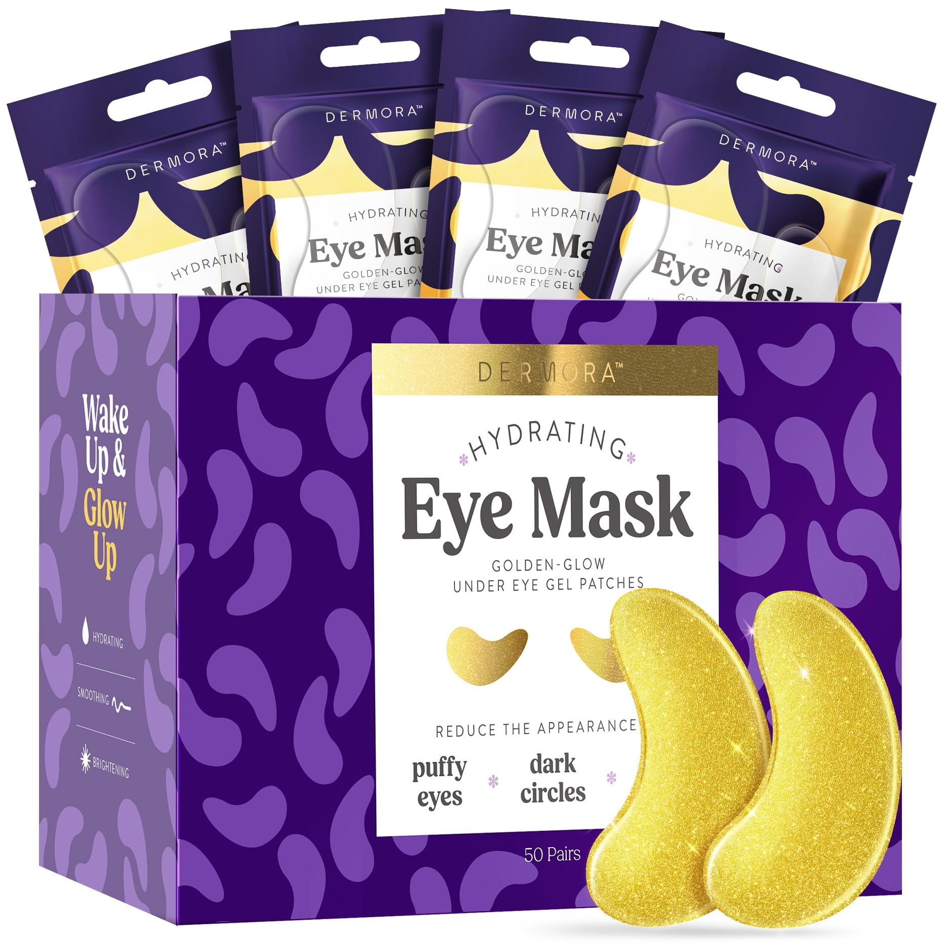 DERMORA Golden Glow Under Eye Patches | Rejuvenating Treatment | Dark Circles, Puffy Eyes, Refreshing, Revitalizing, Travel, Wrinkles | 50 Pairs Eye Gels