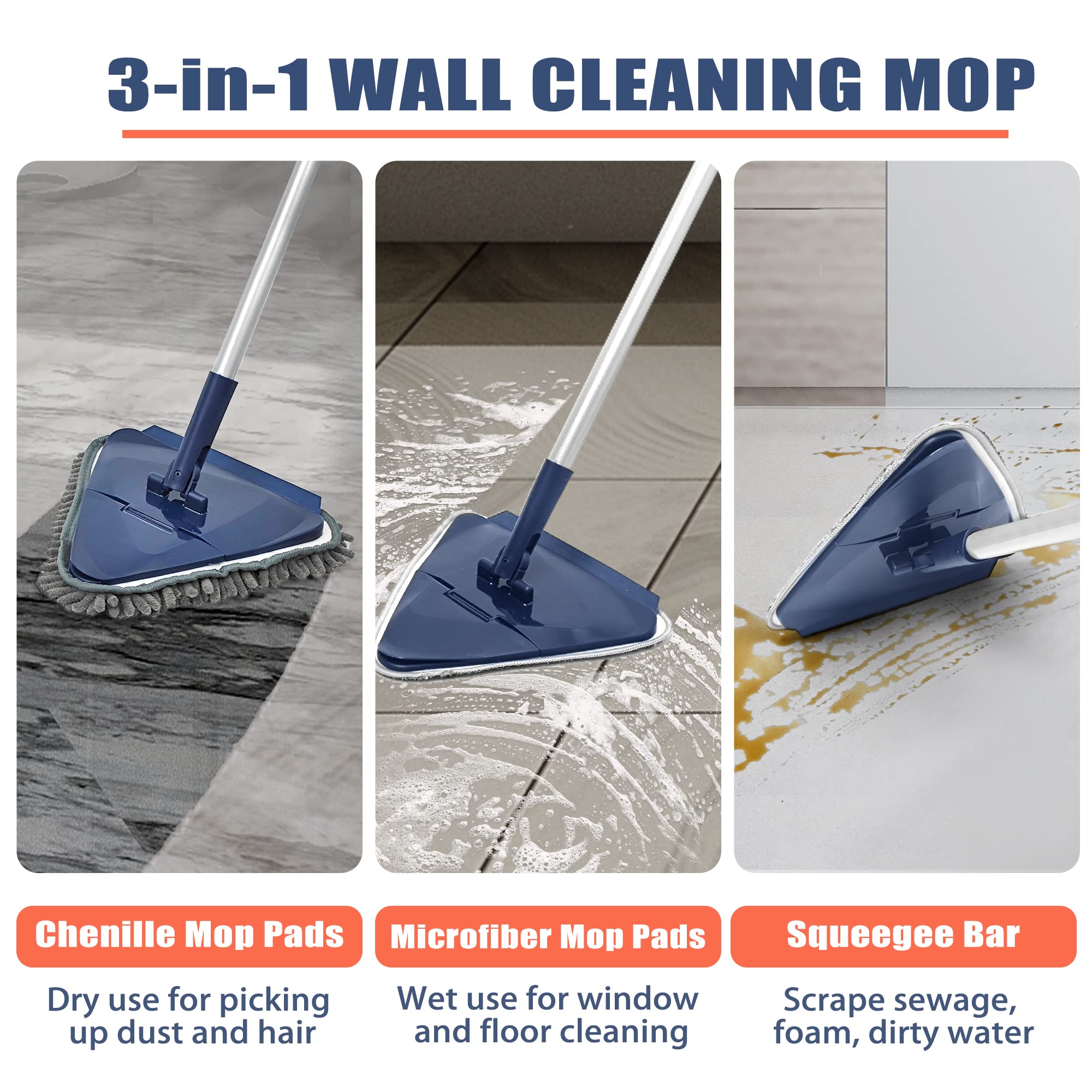 JEHONN Wall Cleaner Mop with Long Handle 82 Inches, 3-in-1 Ceiling Cleaning Tool Duster with 6 Replacement Microfiber Chenille Pads for Painted Walls, Window, Floor, Baseboard