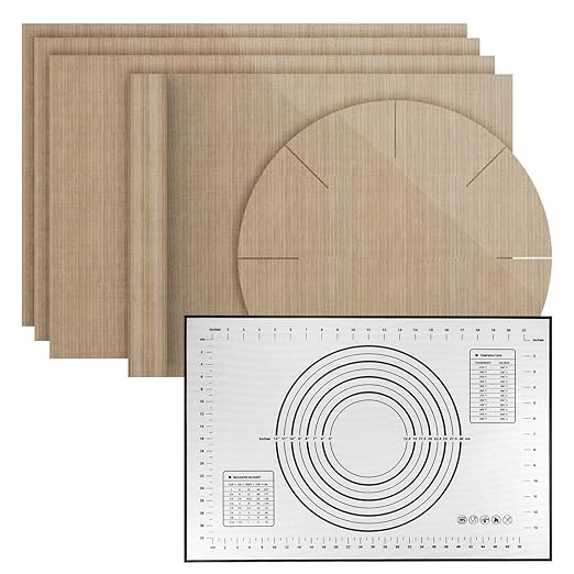 MojiDecor Dauerbackfolie (6er Set) -5 Backpapier(4 x eckig, 1 x rund) +1 Silikon Backmatte -Premium Backunterlage wiederverwe