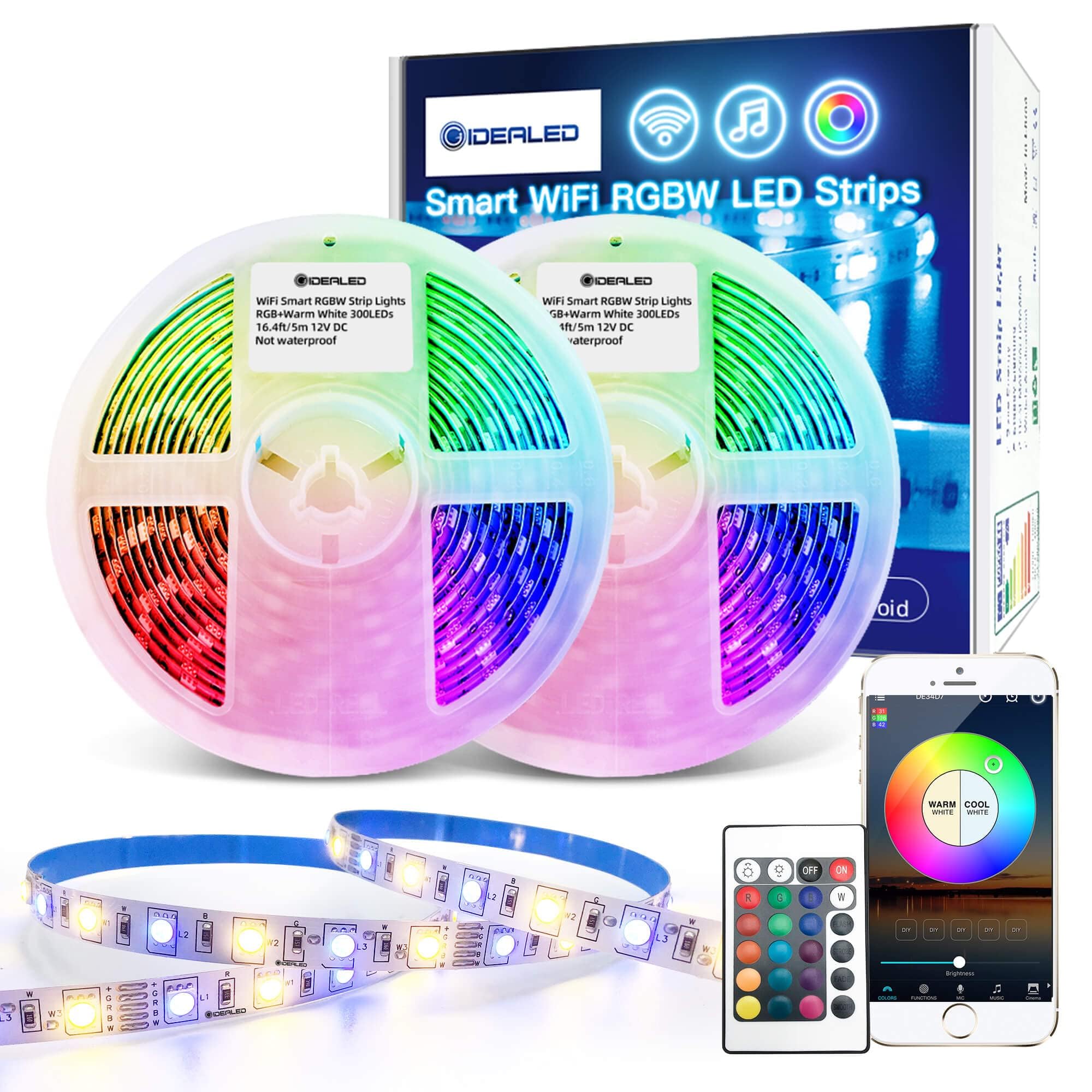 32.8ft WiFi RGBW LED Strip Lights Dimmable Kit,Smart App Control Alexa RGB Warm White Lightstrip Music Sync,Color Change,Work with Alexa/Google Assistant for Voice Control LED Lights Ambiance Lighting
