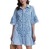 Kedera Women's Summer Button Down Shirt Embroidered Dress Ruffle Sleeve Shift Mini Dresses with Pockets