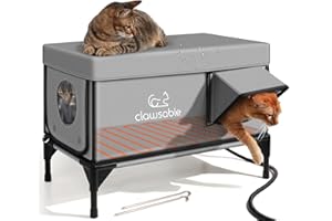 LAMLINGO Heated Cat House for Outside,Extremely Insulated & Weatherproof in Winter,Elevated Outdoor Cat Shelter with Waterproof Eaves & Escape Door for Feral Stray Barn Cat（Grey,L:24.52" Lx12.6 Wx17.3 Th）