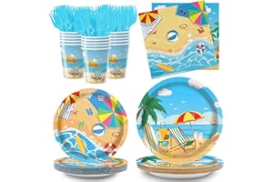 XIENBLOC 120Pcs Summer Beach Party Plates Napkins Disposable Paper Party Supplies Cups Tableware Set for Beach Theme Birthday Decoration Serve 24 Guests